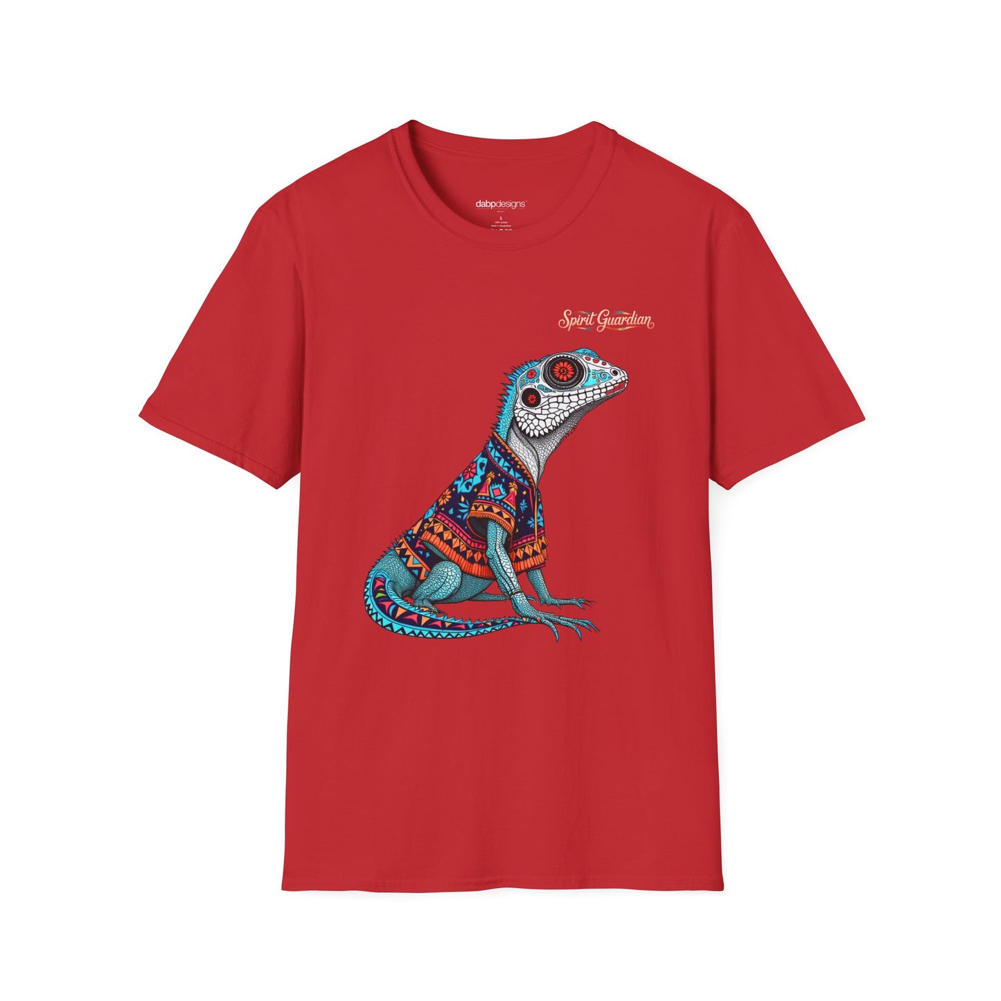Red t-shirt with a colorful lizard graphic on a white background