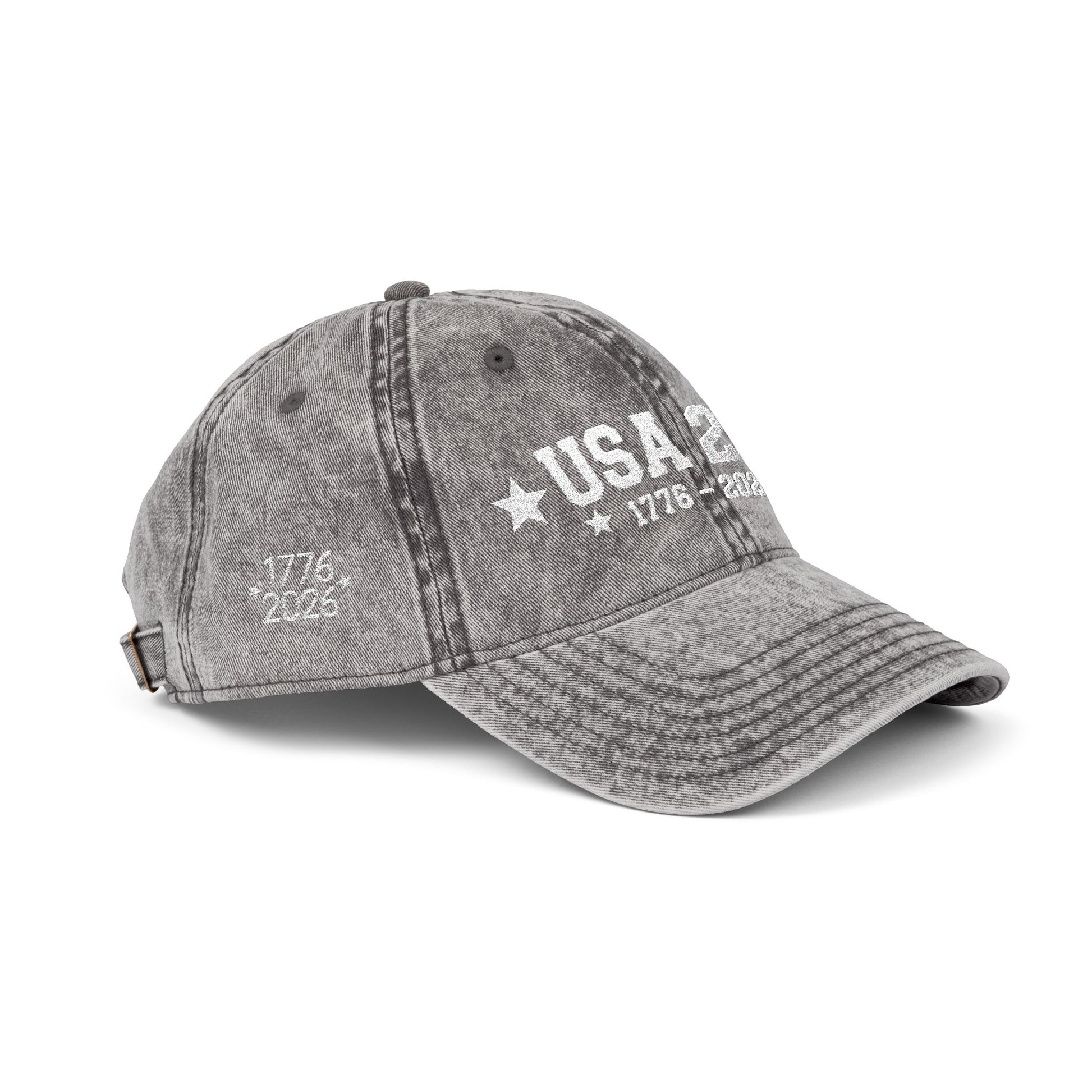 Gray distressed baseball cap with text on a white background
