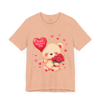 Bella+Canvas · 3001 Unisex Jersey Short Sleeve Tee - Valentine’s Day Bear, Balloon & Roses Design
