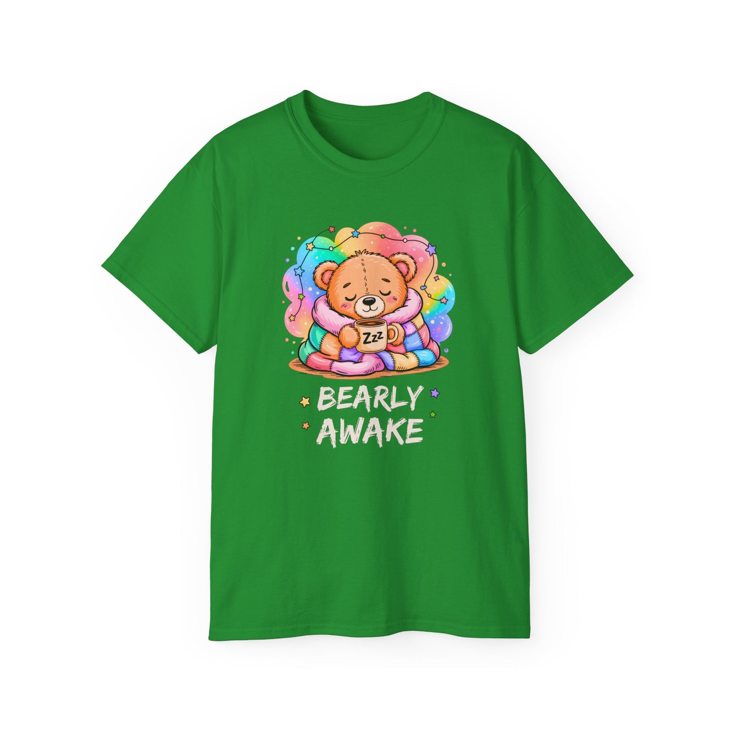 Bearly Awake Teddy Bear Tee | Cute Coffee Bear Wrapped in Rainbow Blanket