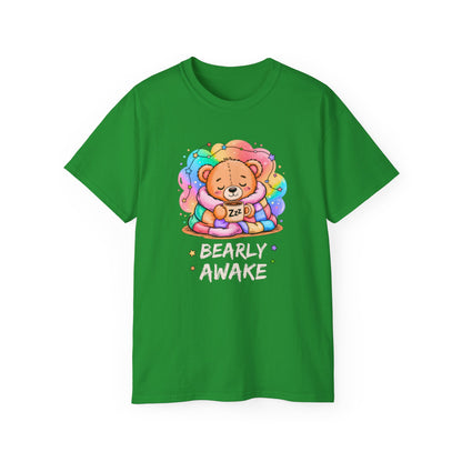 Bearly Awake Teddy Bear Tee | Cute Coffee Bear Wrapped in Rainbow Blanket