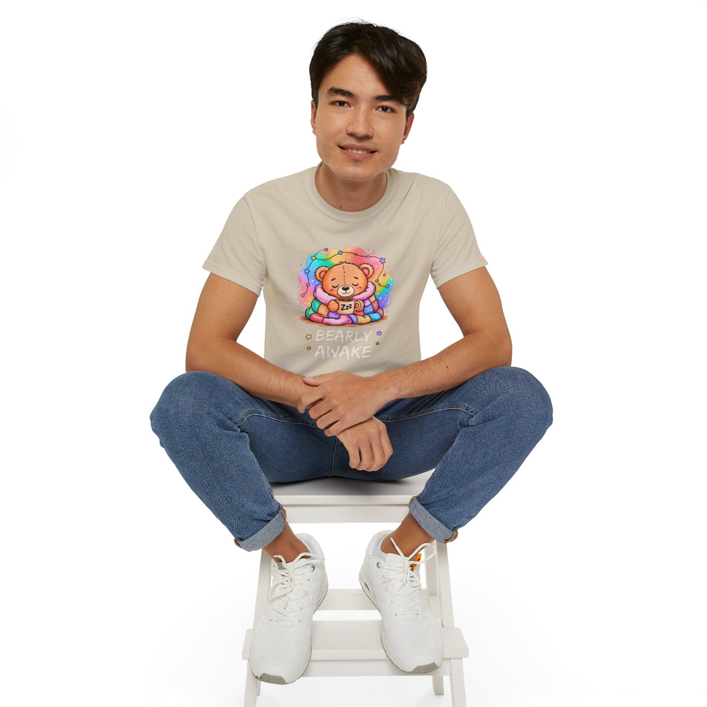 Bearly Awake Teddy Bear Tee | Cute Coffee Bear Wrapped in Rainbow Blanket