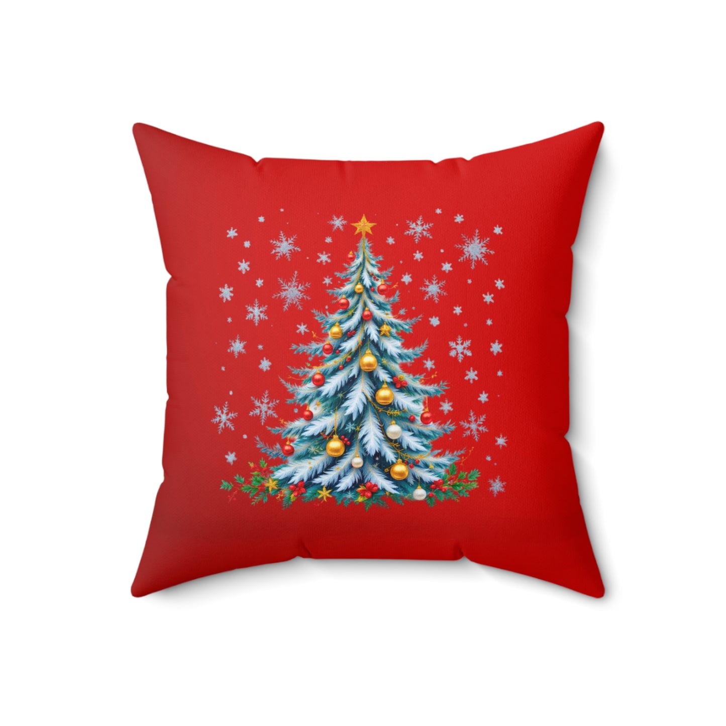 Elegant Christmas Tree Pillow – Snow-Kissed in Blue and Gold