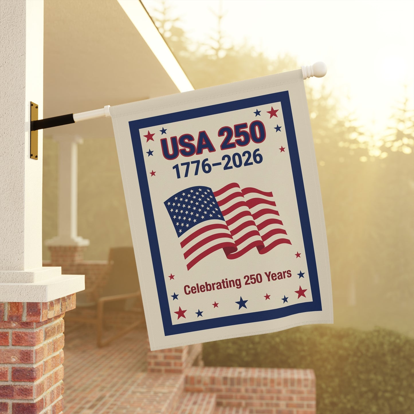 USA 250th Anniversary flag with American flag design hanging on a porch.