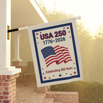USA 250th Anniversary flag with American flag design hanging on a porch.