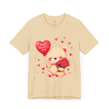 Bella+Canvas · 3001 Unisex Jersey Short Sleeve Tee - Valentine’s Day Bear, Balloon & Roses Design