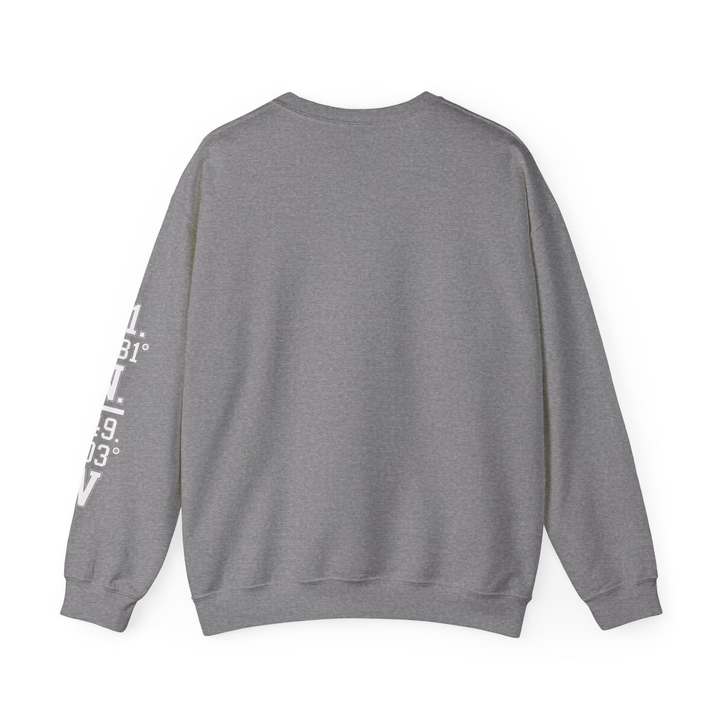 Gray sweatshirt with text on sleeve against a white background