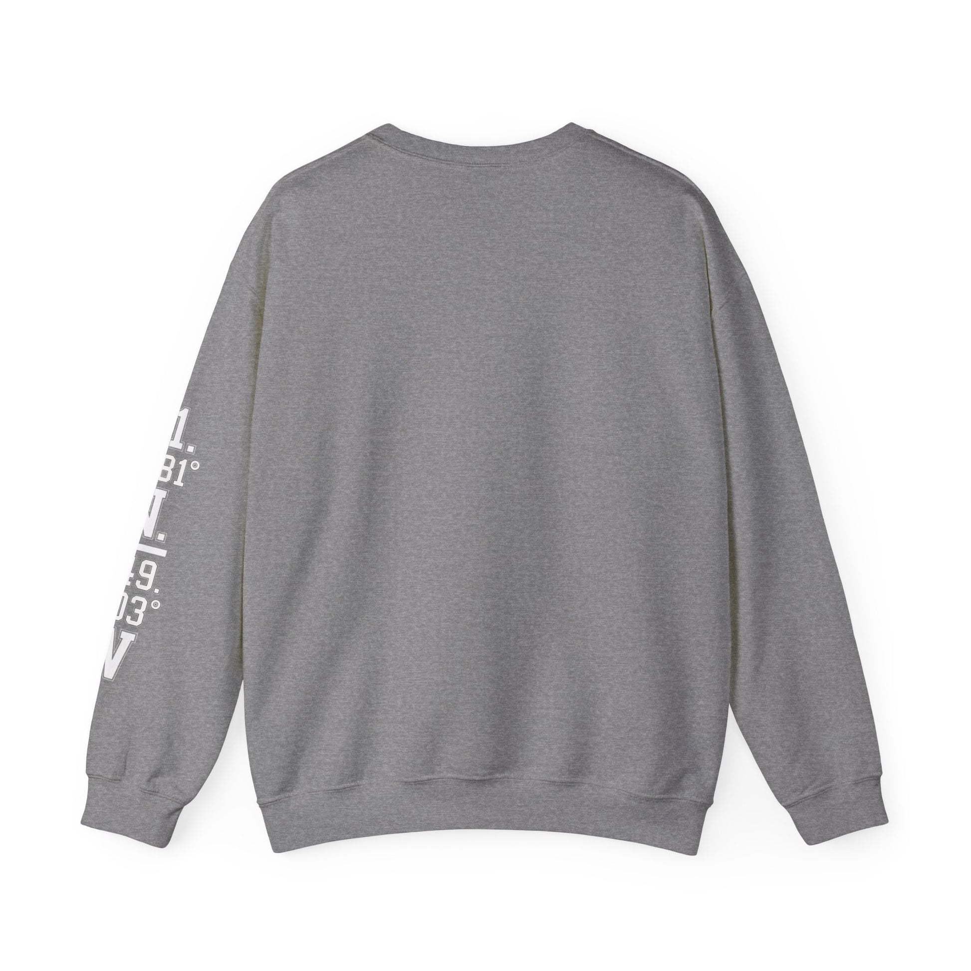 Gray sweatshirt with text on sleeve against a white background
