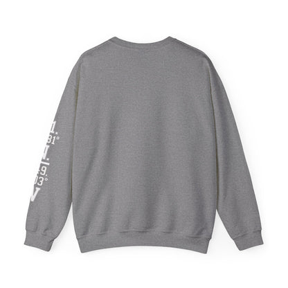 Gray sweatshirt with text on sleeve against a white background