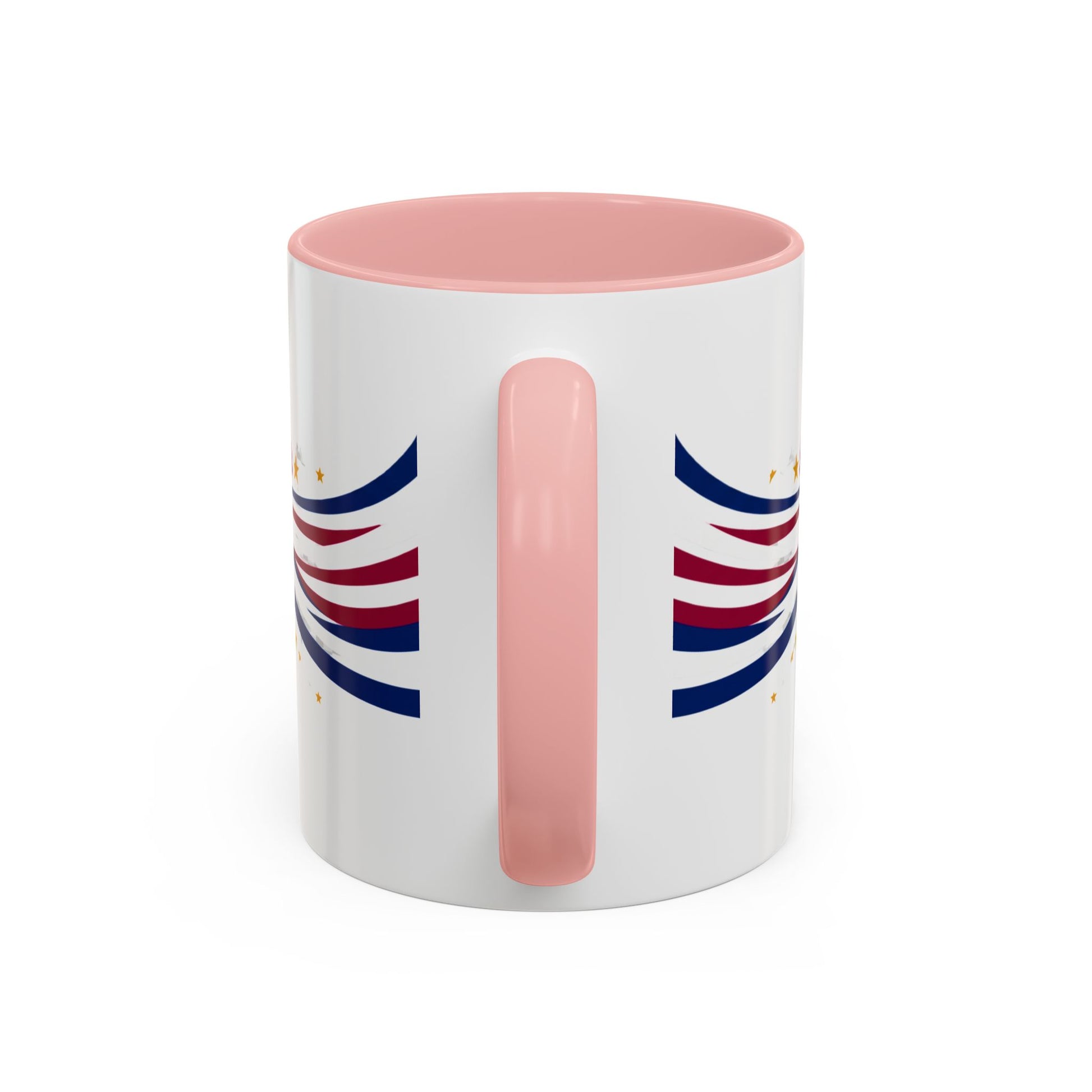White mug with pink handle and interior, featuring blue and red abstract designs on a white background.
