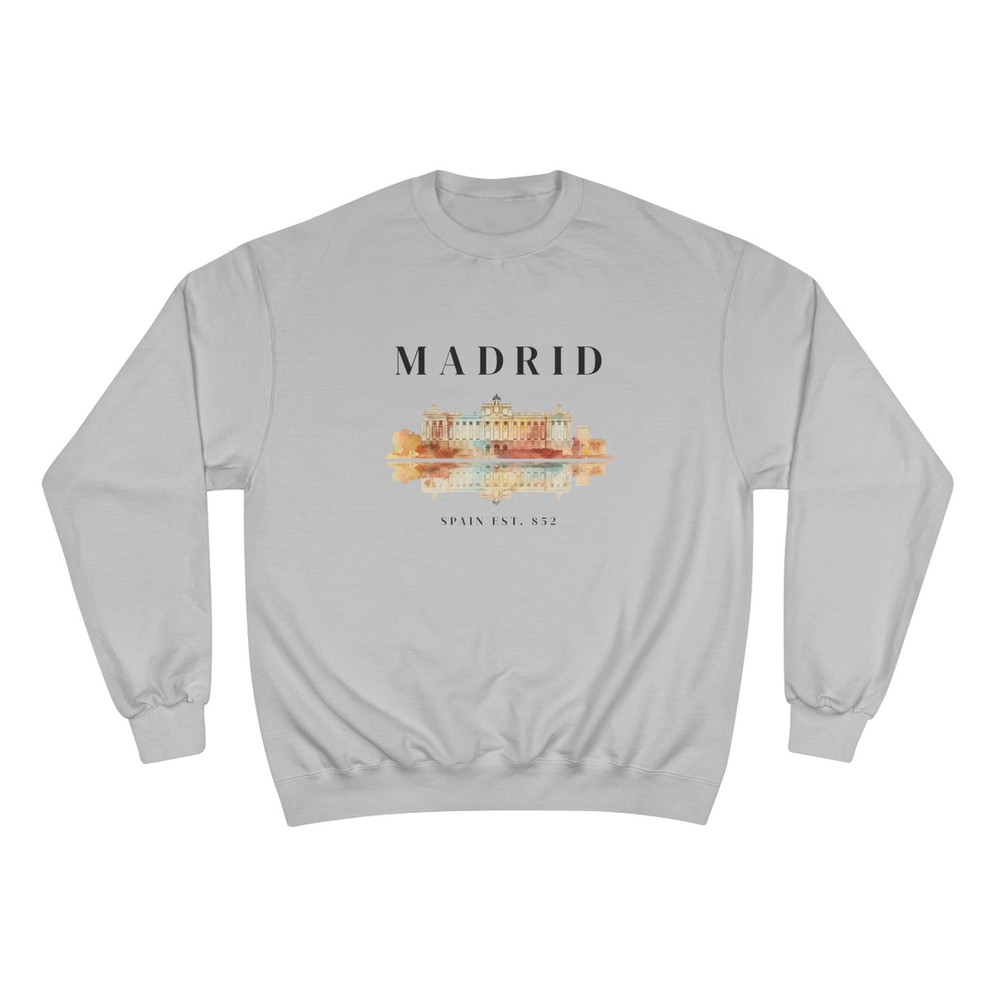 Gray sweatshirt with 'Madrid' and a castle graphic on a white background