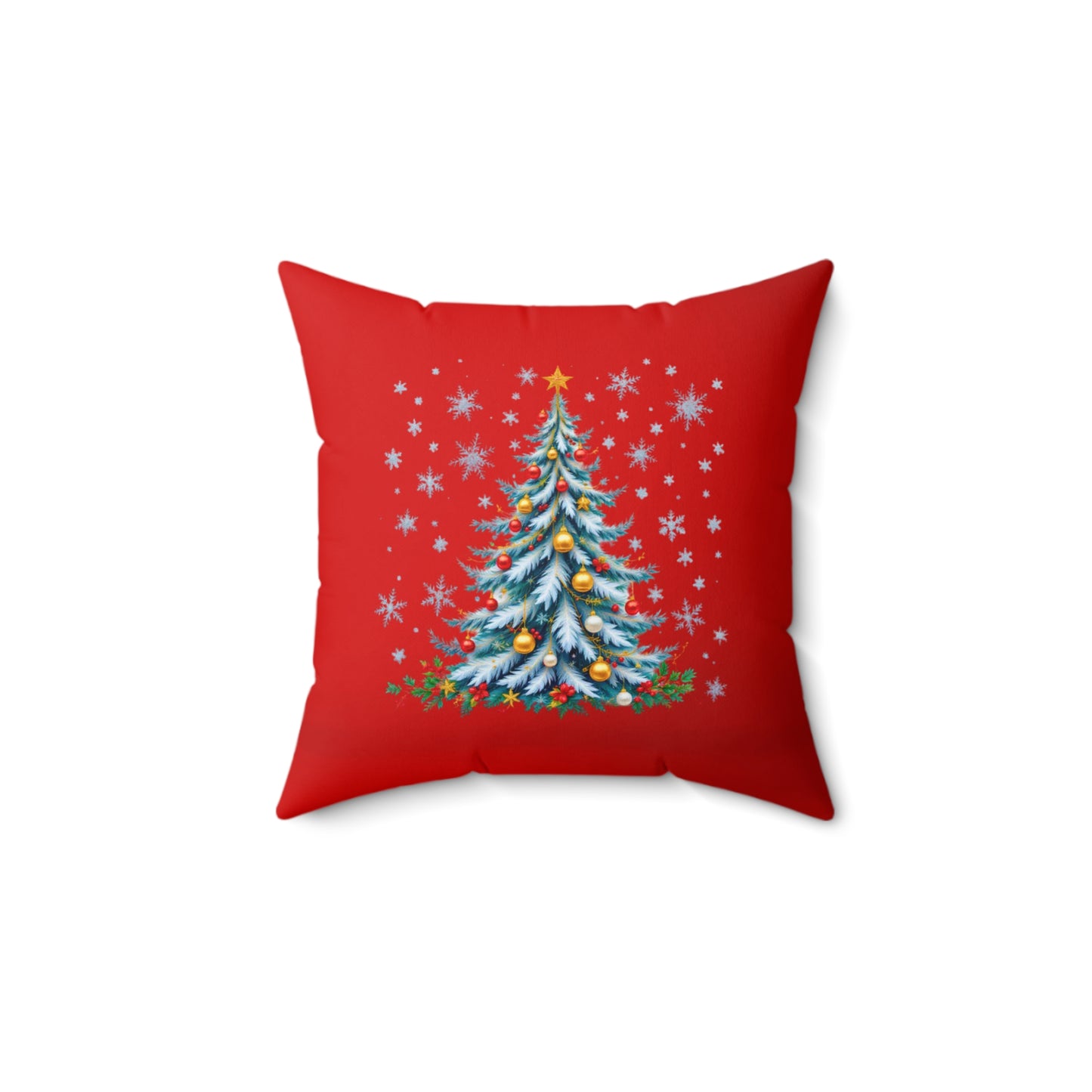 Elegant Christmas Tree Pillow – Snow-Kissed in Blue and Gold