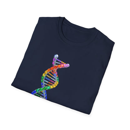 Folded navy blue t-shirt with a colorful DNA helix design on a white background