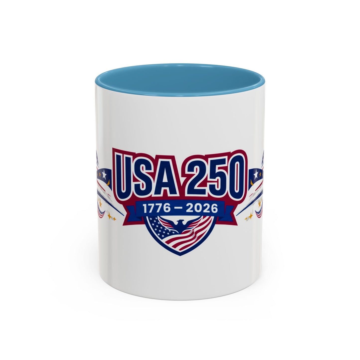 White mug with blue interior and USA 250 design on a white background