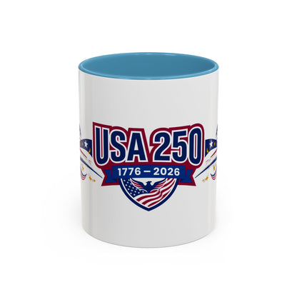 White mug with blue interior and USA 250 design on a white background