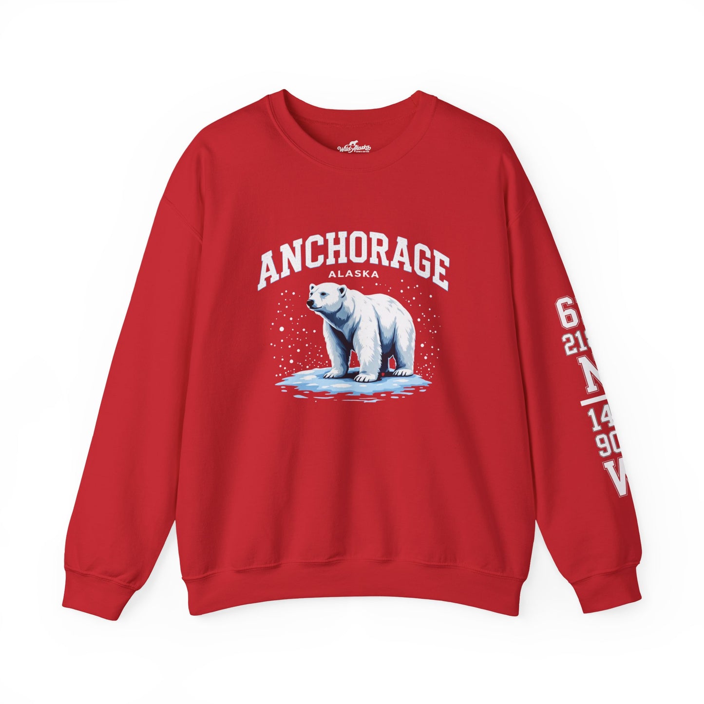 Red sweatshirt with a polar bear graphic and 'Anchorage, Alaska' text on a white background