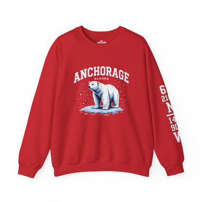 Red sweatshirt with a polar bear graphic and 'Anchorage, Alaska' text on a white background