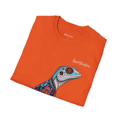 Orange t-shirt with a colorful lizard design on a white background