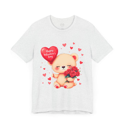 Bella+Canvas · 3001 Unisex Jersey Short Sleeve Tee - Valentine’s Day Bear, Balloon & Roses Design