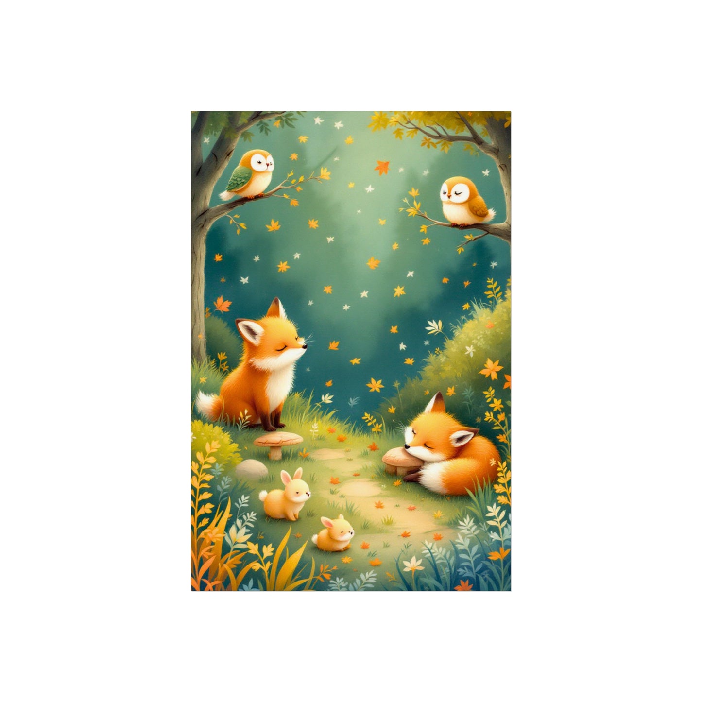 Illustration of foxes and birds in a forest setting with trees and foliage.