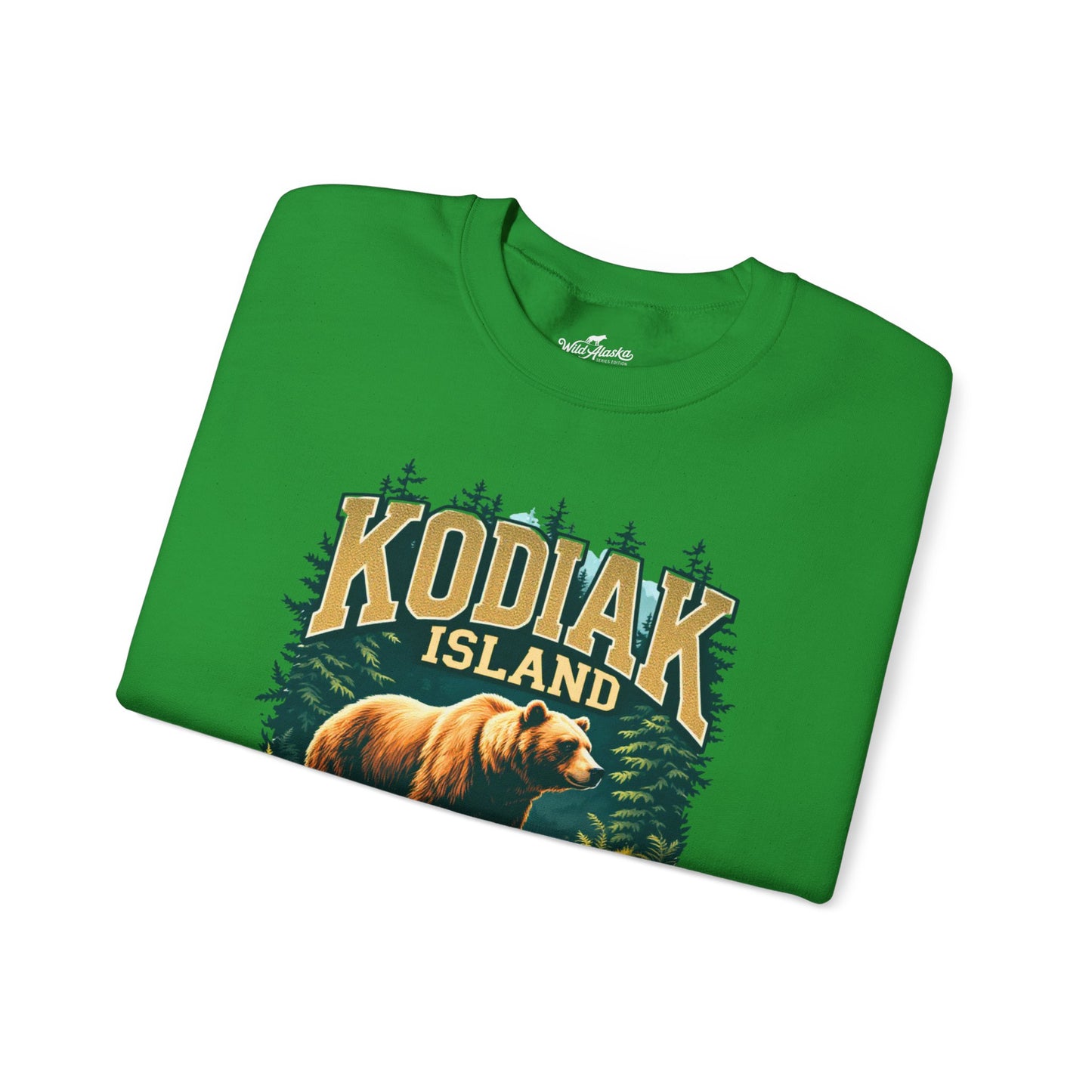 Green t-shirt with 'Kodiak Island' and bear graphic on a white background