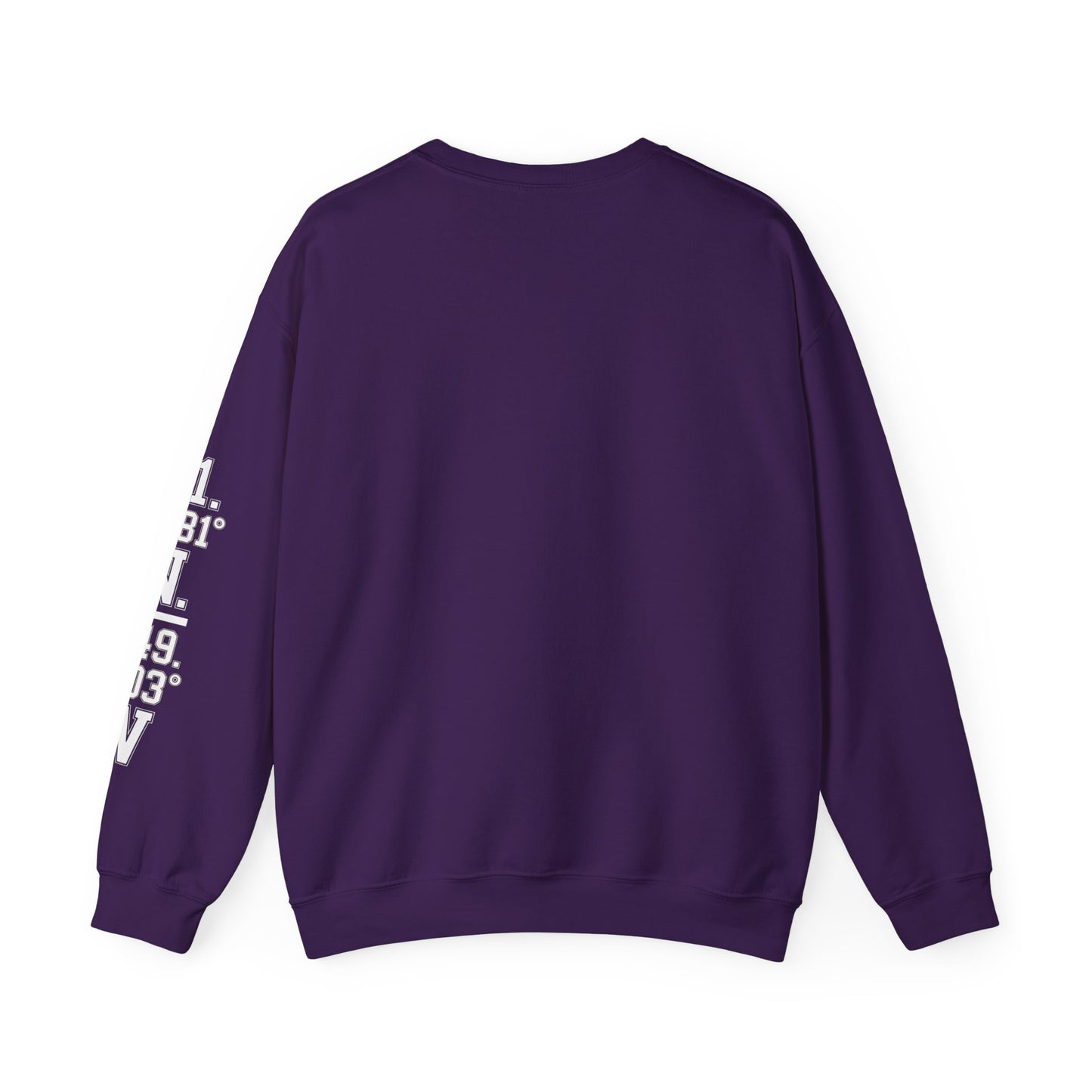 Purple sweatshirt with white text on sleeve against a white background