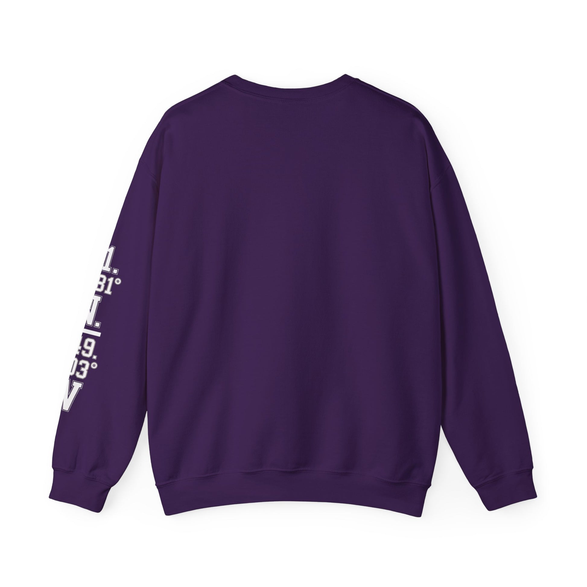 Purple sweatshirt with white text on sleeve against a white background