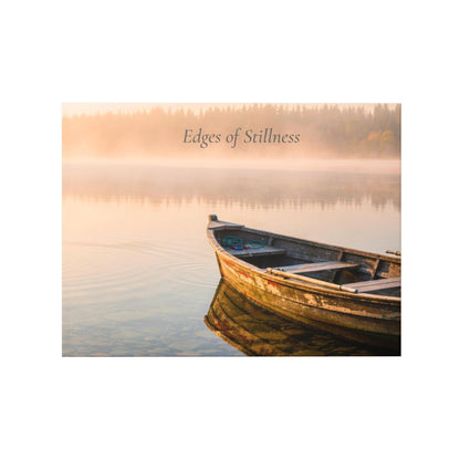 Boat on a calm lake with 'Edges of Stillness' text at sunset.