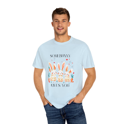 Comfort Colors 1717 Unisex Garment-Dyed T-shirt - “Somebunny Loves You” Trio Bunny Easter Tee
