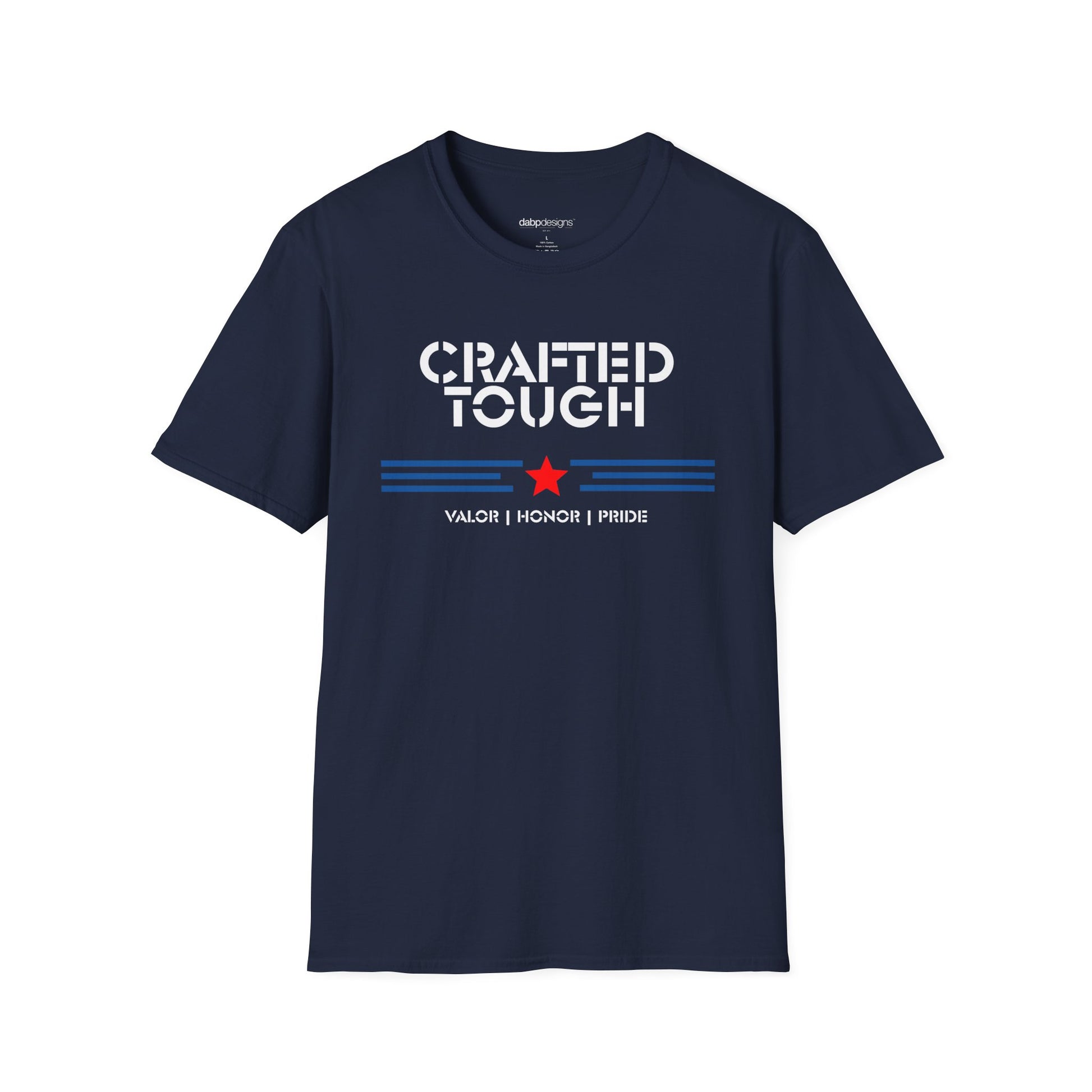 Navy blue t-shirt with a small white logo on a white background