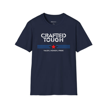 Navy blue t-shirt with a small white logo on a white background
