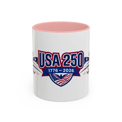 White mug with pink interior and USA 250 anniversary design on a white background