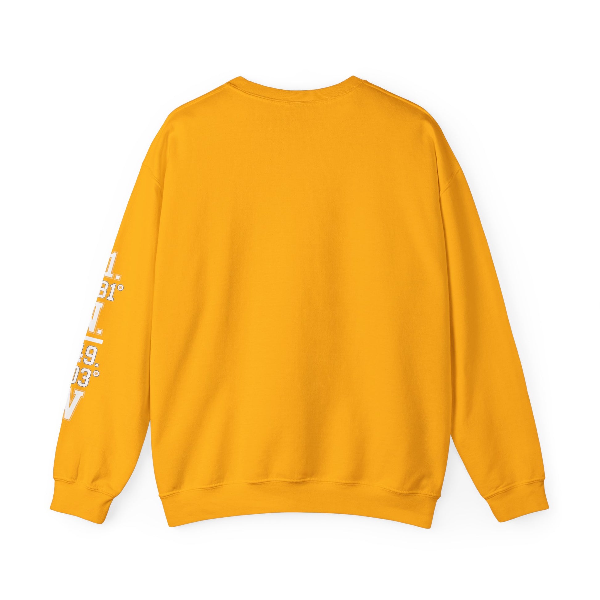 Yellow sweatshirt with text on sleeve against a white background