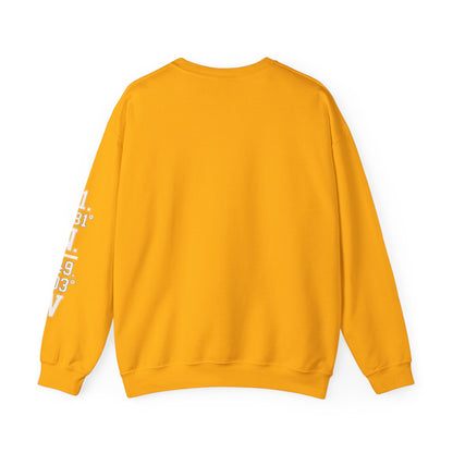 Yellow sweatshirt with text on sleeve against a white background