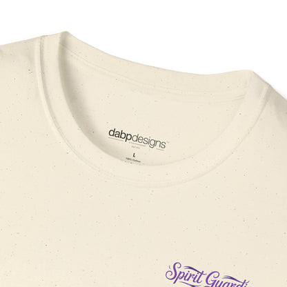 Close-up of a beige t-shirt with 'dabbd designs' logo and 'Spirit Guard' text.