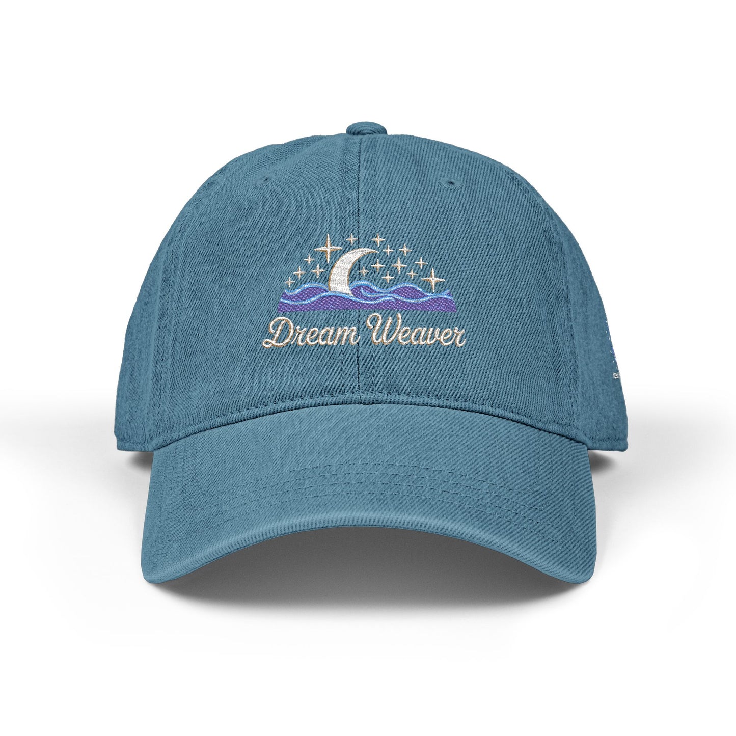 Dream Weaver Embroidered Denim Cap | Crescent Moon & Waves Aesthetic | Unisex Adjustable Dad Hat | Cosmic Drifts Collection