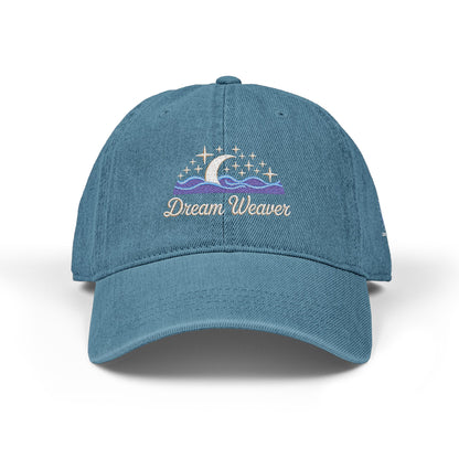 Dream Weaver Embroidered Denim Cap | Crescent Moon & Waves Aesthetic | Unisex Adjustable Dad Hat | Cosmic Drifts Collection