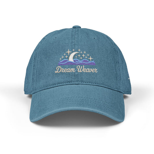 Dream Weaver Embroidered Denim Cap | Crescent Moon & Waves Aesthetic | Unisex Adjustable Dad Hat | Cosmic Drifts Collection