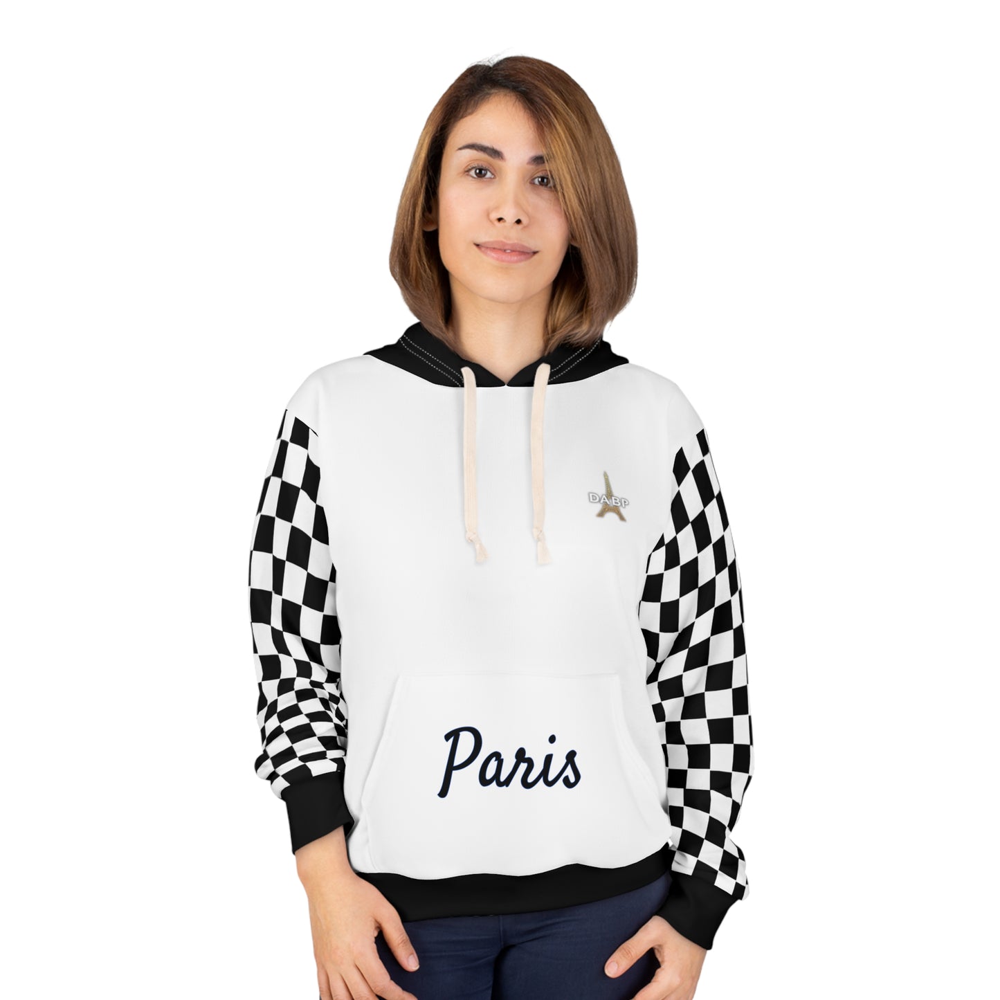 Paris Checkered Unisex Hoodie - DABP Emblem and Checkerboard Sleeves (White)