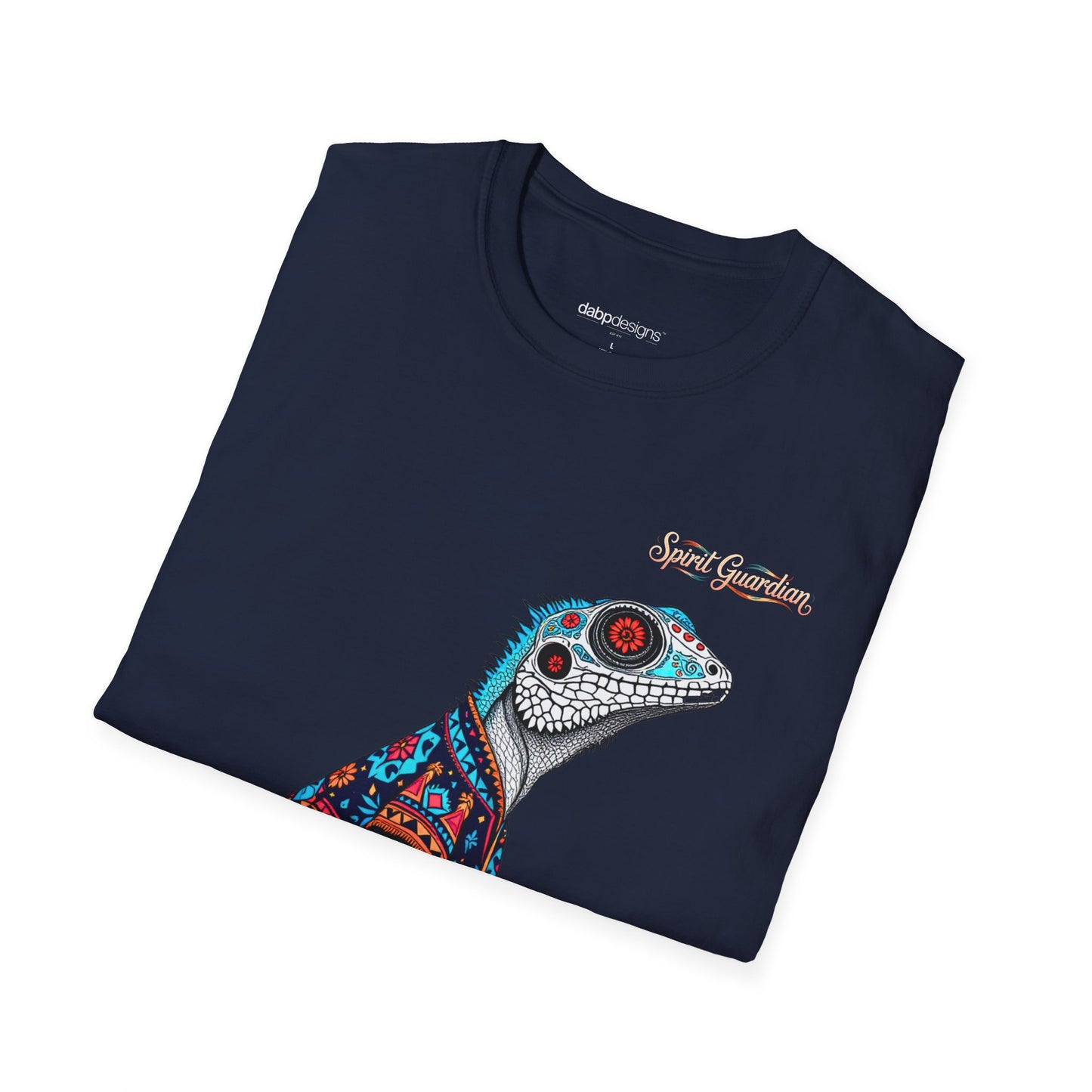 Folded navy blue t-shirt with a colorful lizard design and 'Spirit Guardian' text on a white background