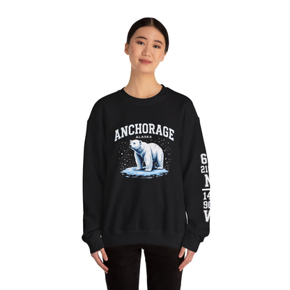 Person wearing a black sweatshirt with a polar bear graphic and 'Anchorage Alaska' text on a white background