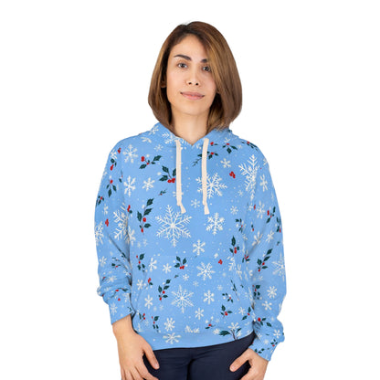 Sweat à capuche unisexe - Flocon de neige et houx d'hiver - Imprimé festif sur toute la surface