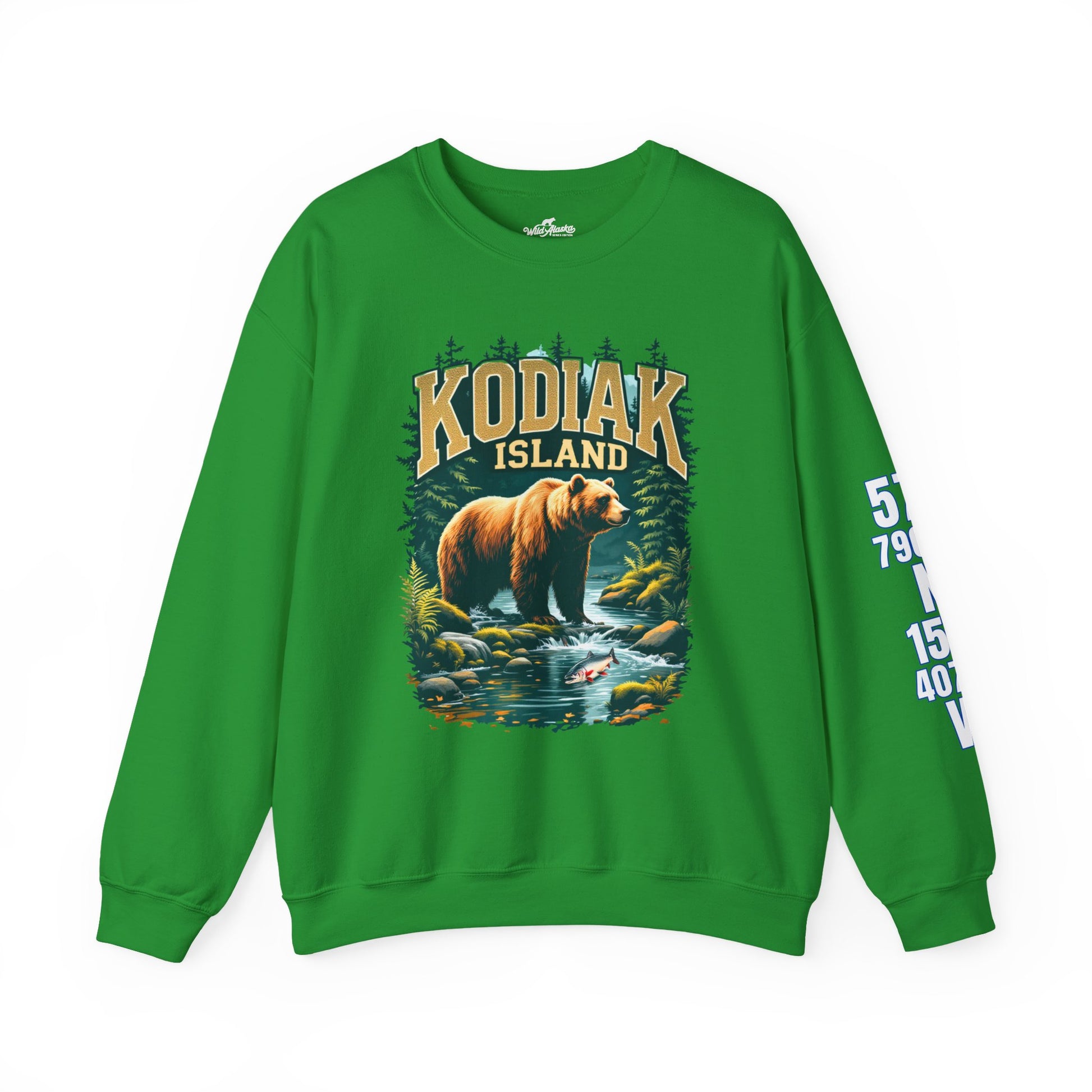 Green sweatshirt with bear graphic and 'Kodiak Island' text on a white background