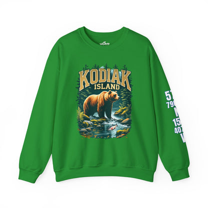 Green sweatshirt with bear graphic and 'Kodiak Island' text on a white background