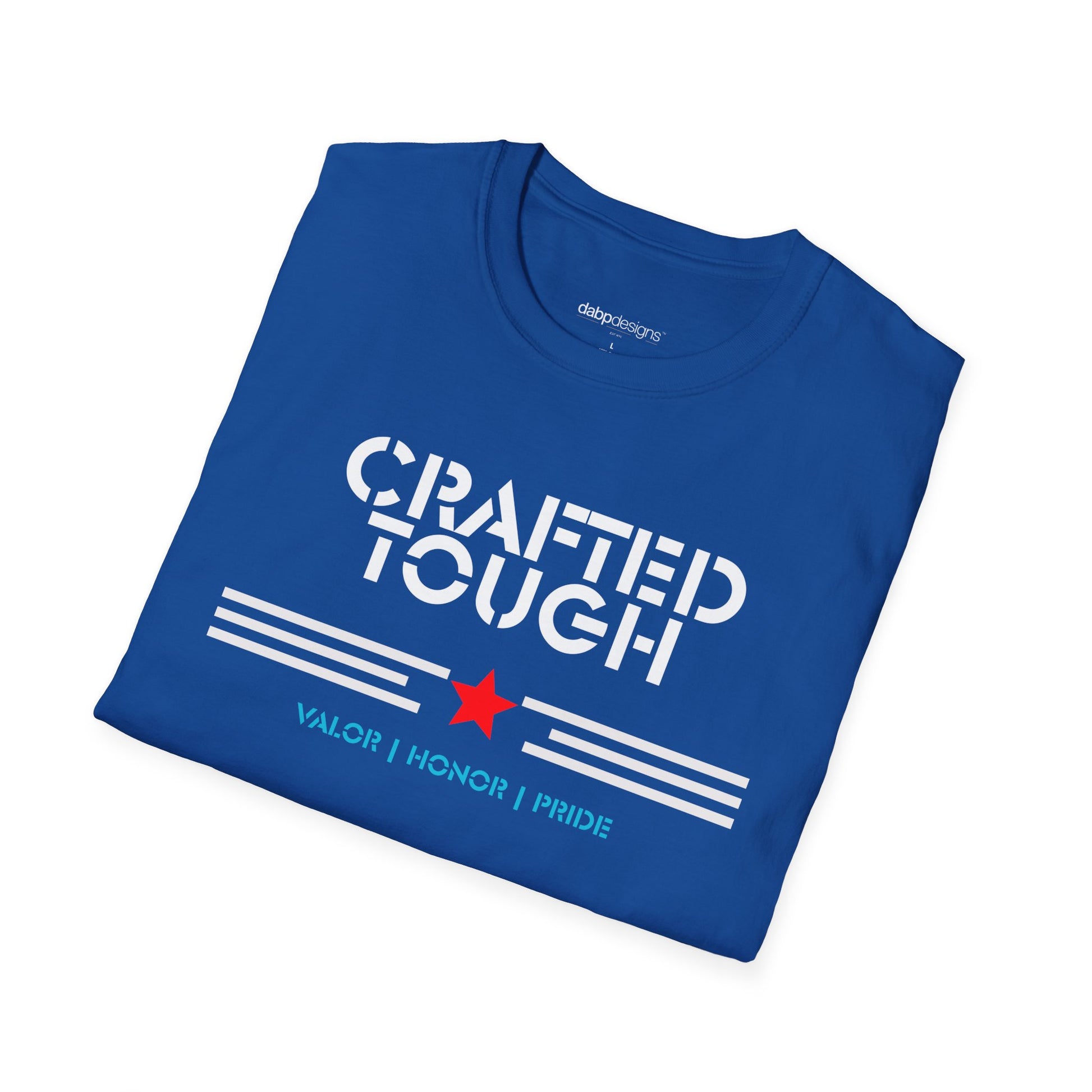 Folded blue t-shirt with 'Crafted Tough' text on a white background
