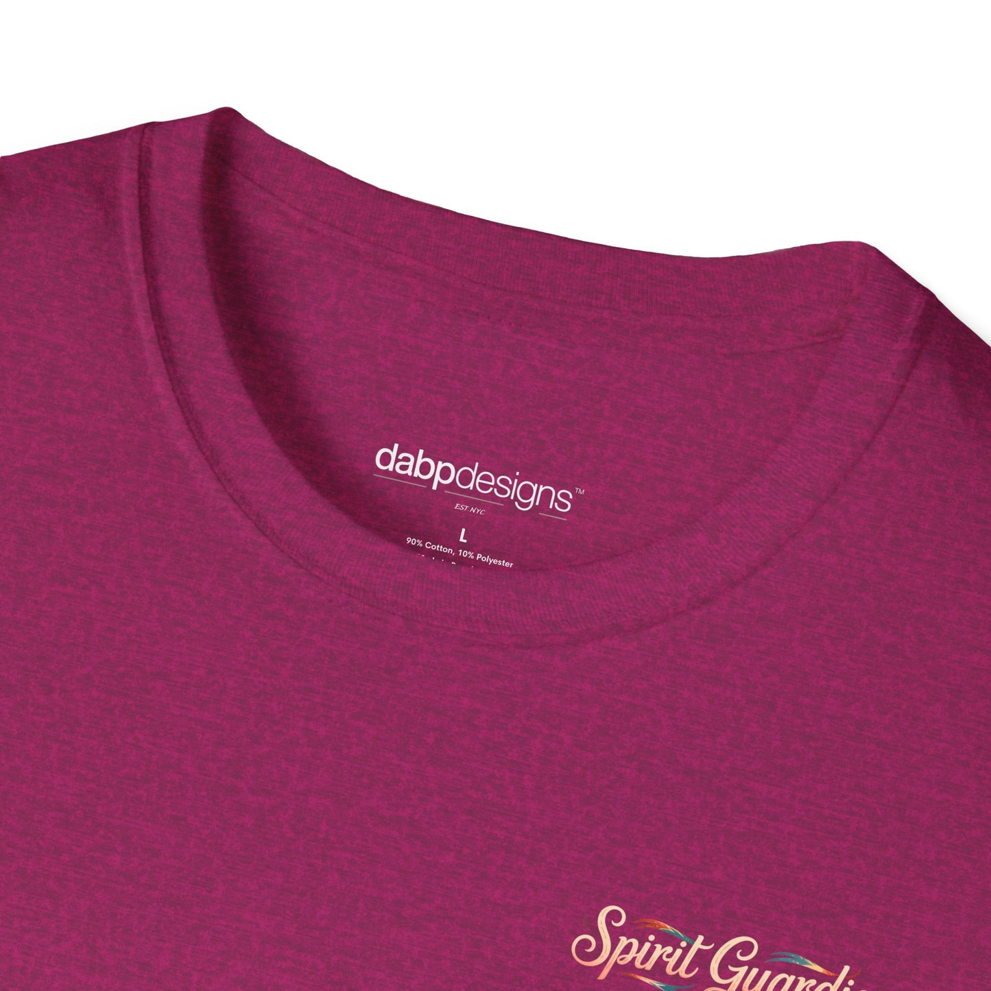 Close-up of a magenta t-shirt with 'dabp designs' logo and 'Spirit Guard' text.