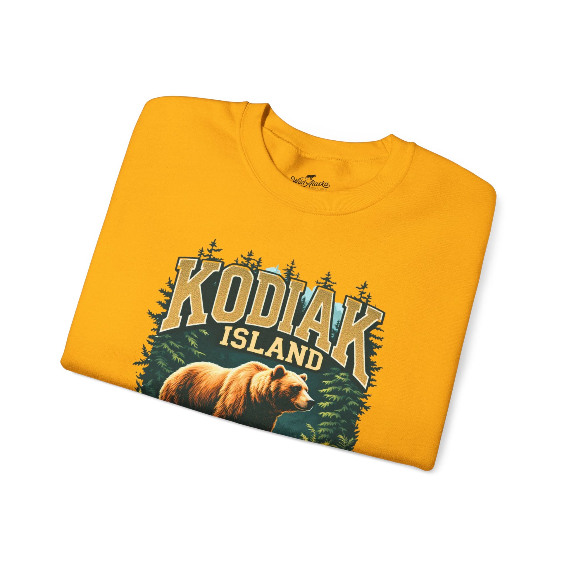 Yellow t-shirt with 'Kodiak Island' design featuring a bear and trees on a white background