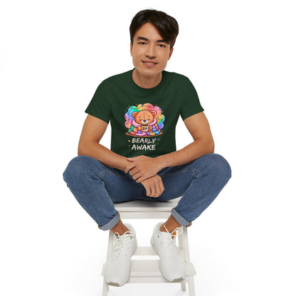 Bearly Awake Teddy Bear Tee | Cute Coffee Bear Wrapped in Rainbow Blanket