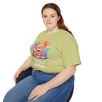 Bearly Awake Teddy Bear Tee | Cute Coffee Bear Wrapped in Rainbow Blanket