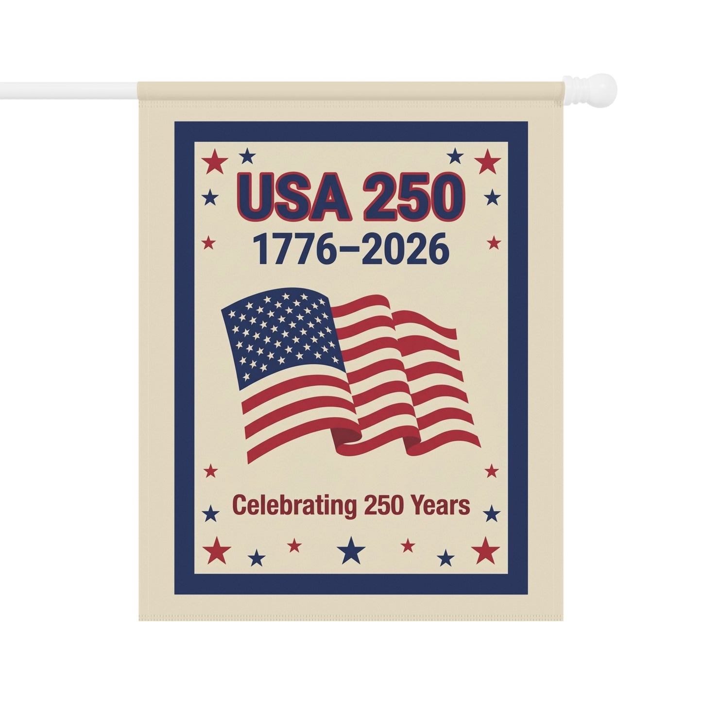 Decorative flag with USA 250 design featuring an American flag on a beige background.